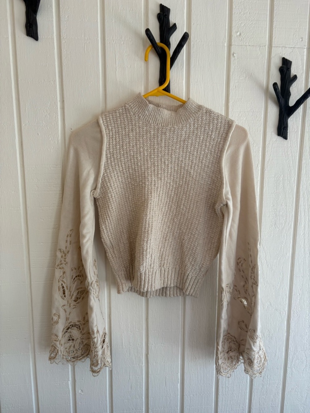 Cream Knit Sweater with Lace Embroidered Bell Sleeves Anthropologie